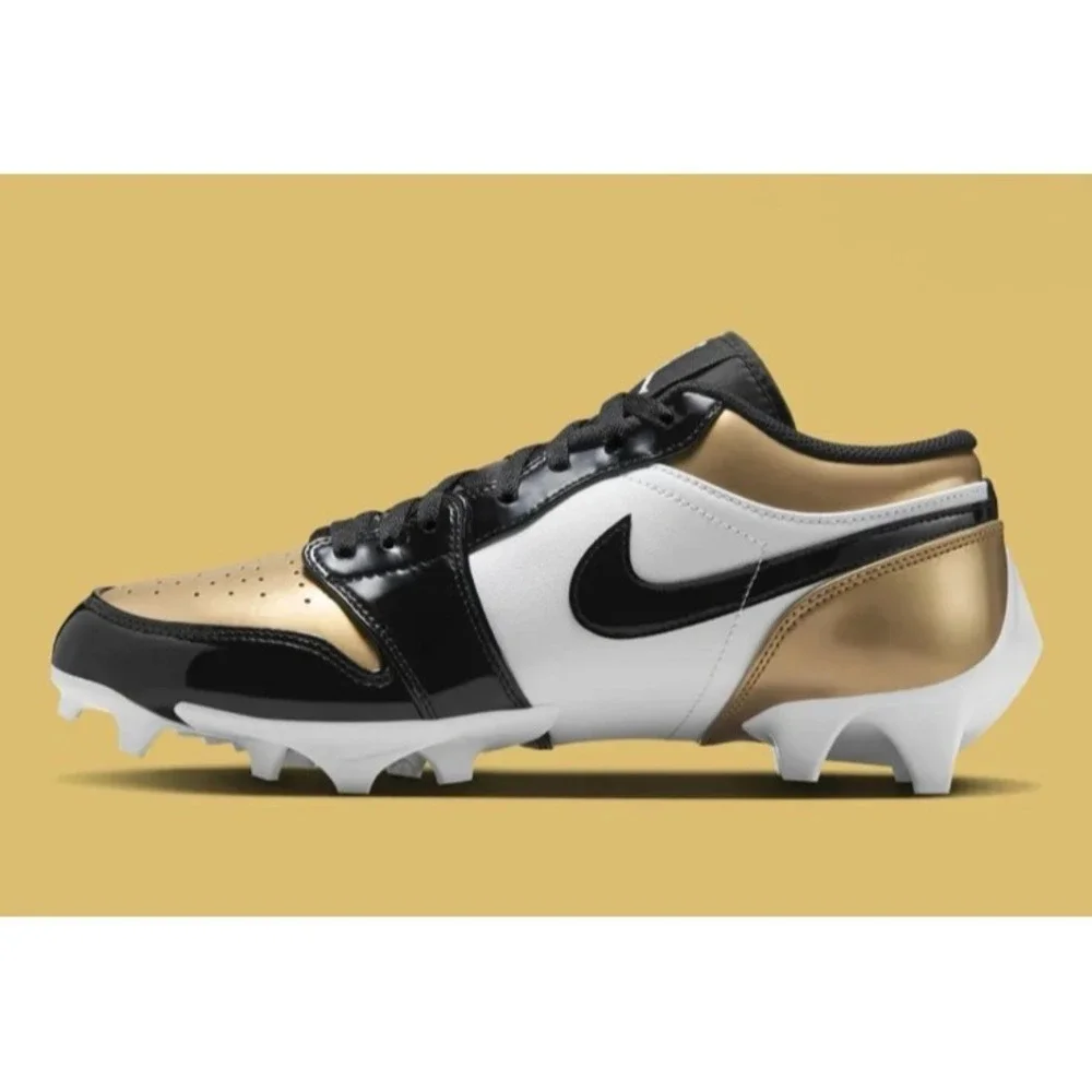 Nike Air‎ Jordan 1 Low TD Football Cleats Sz 12.5 Patent Gold Toe FJ6245-701 New